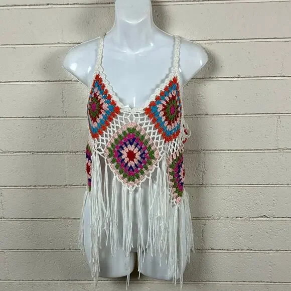 Rebellion Again Top Womens Multicolor Festival Crochet Tank Size S - Picture 7 of 8